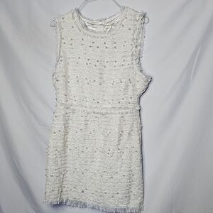 NWOT Just Me Sleeveless Peqrl Decorated Fringe Raw Hem White Dress Sz Medium